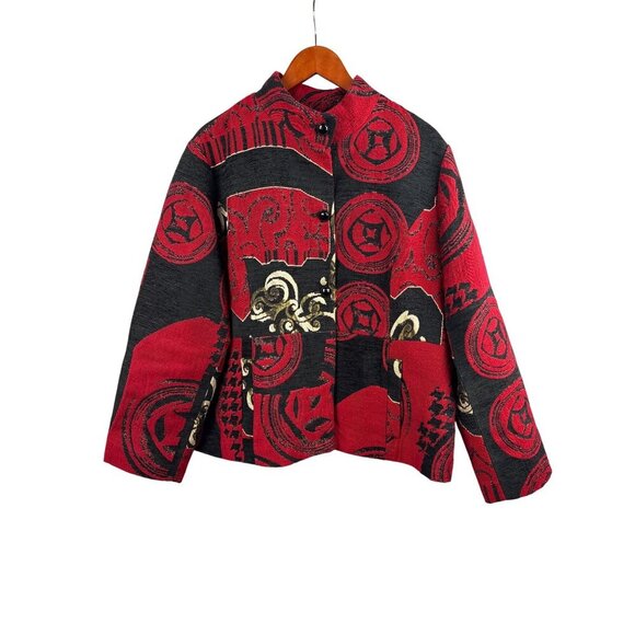 Women’s Chico’s Size 2XL Red, Black, & Cream Patterned Overcoat - Picture 1 of 5